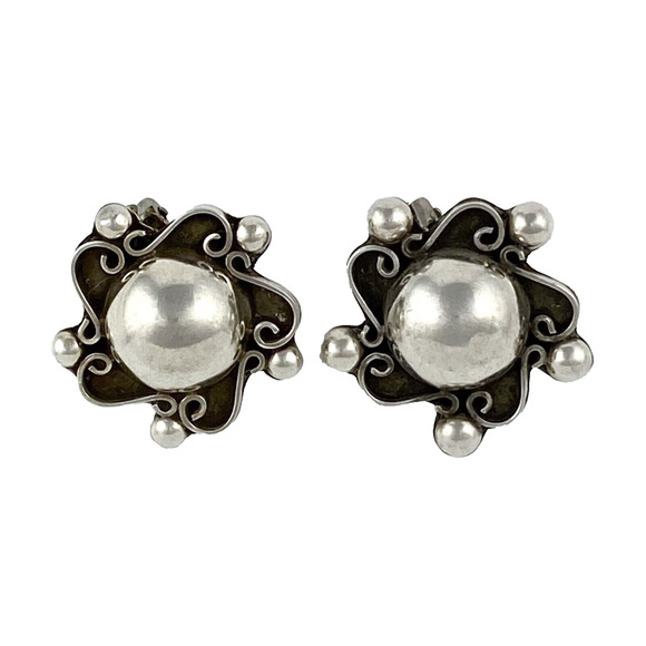 Southwest Mexico Taxco TM-45 Sterling Silver Dot Dome Oxidize Clip On Earrings - Picture 1 of 12